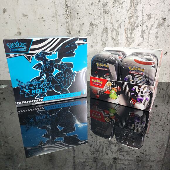 Pokémon Black Bolt Scarlet Violet ETB and 6 Black Bolt & White Flare Mini Tins - Picture 1 of 4